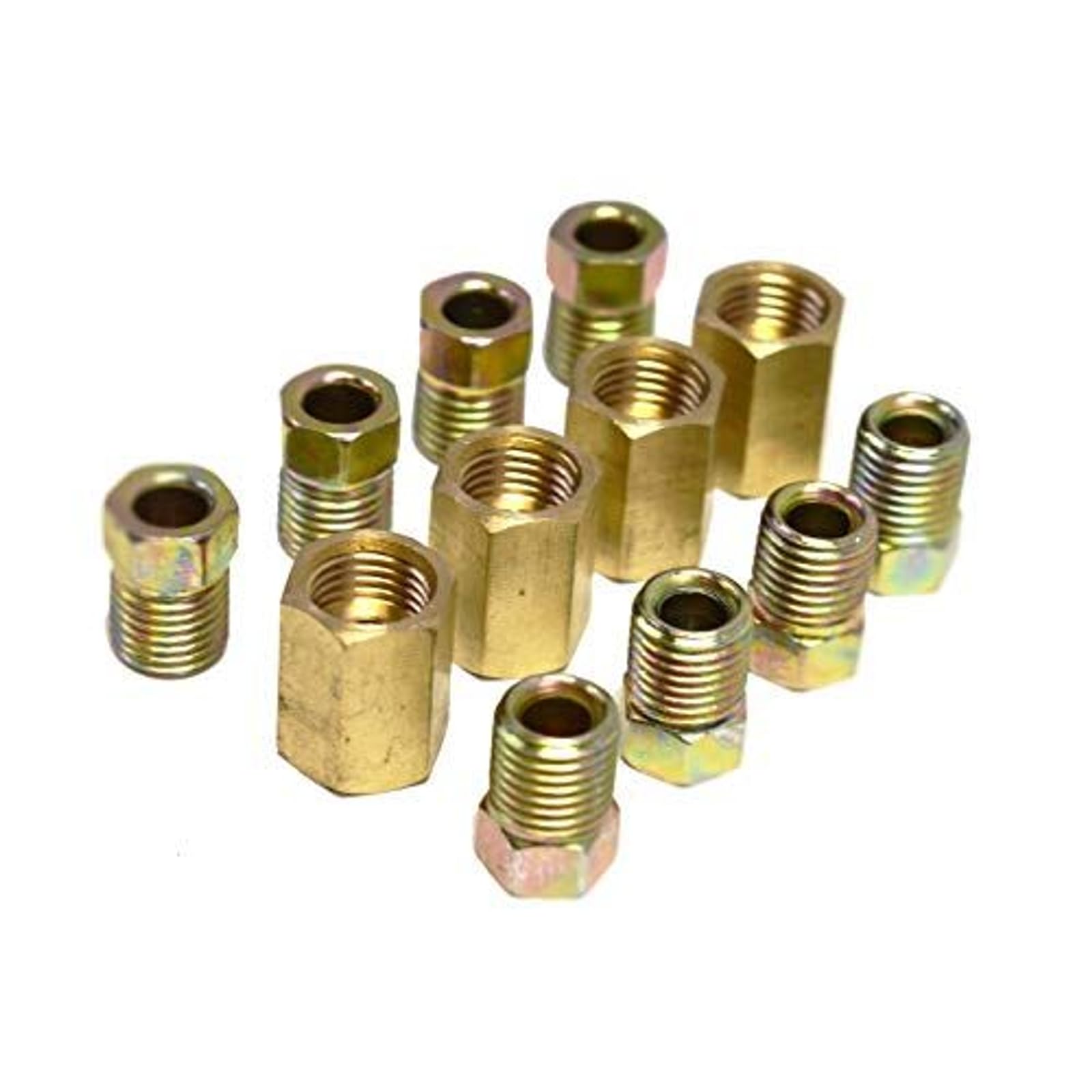 Photo 1 of A-Team Performance 12 Piece 3/8 Inch-24 Threads Brake Line Fittings Assortment for 3/16 Inch Tube (4 Unions, 8 Nuts) - Brake Line Coupler Kit