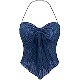 SHENHE Women's Floral Lace Halter Backless Tie Front Bow Asymmetrical Crop Top