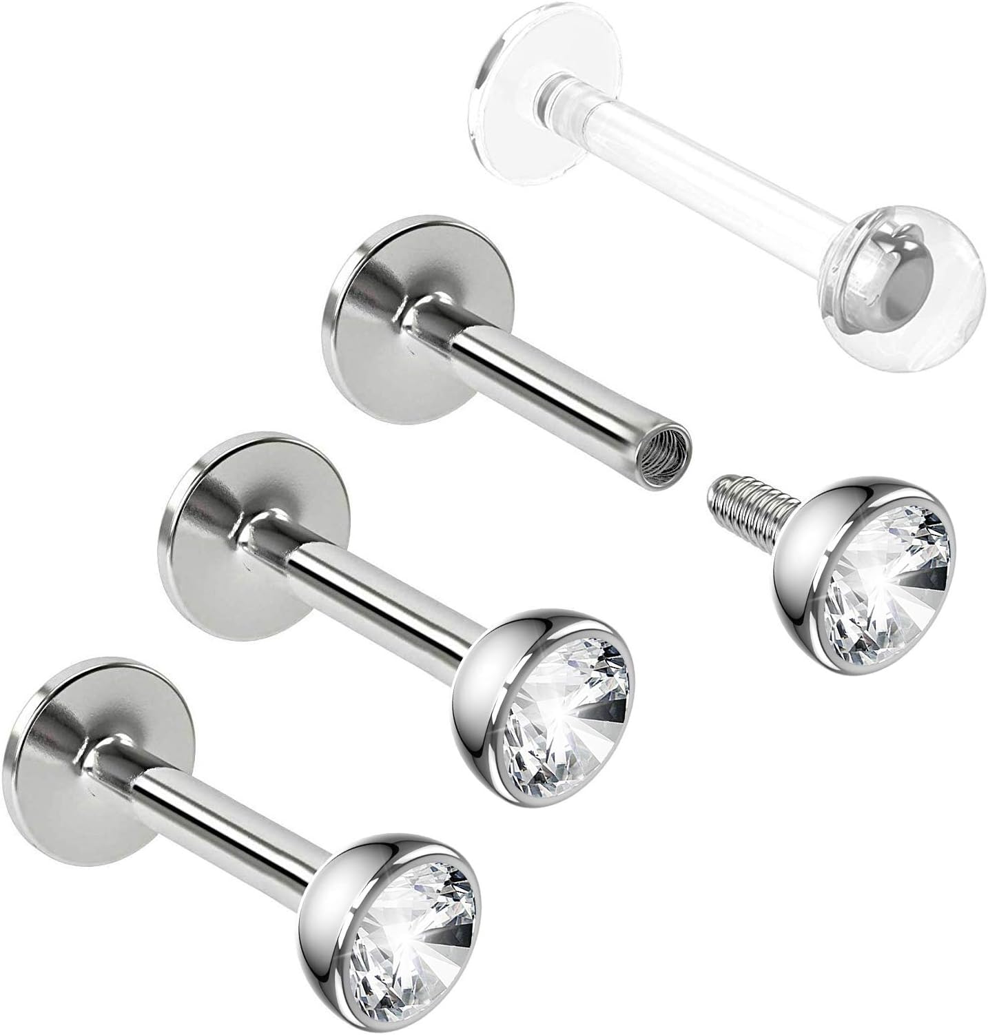 3pc 16g 1/4 Labret Stud Lip Ring 3mm CZ Snake Bite Marilyn Monroe 6mm + Clear Retainer