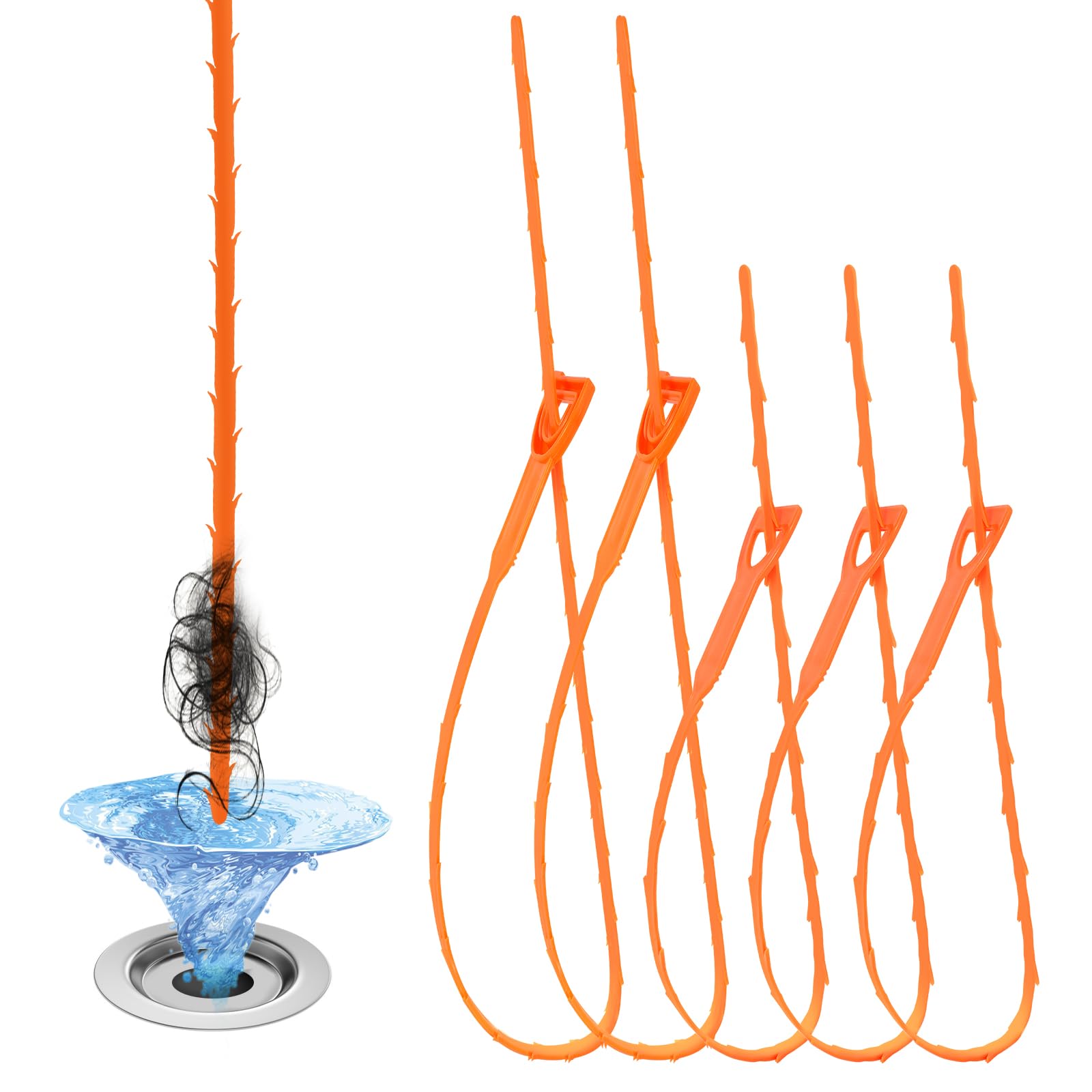 5Pcs Plastic Drain Snake, 64cm Sewer Hair Remover, 50cm Bend Snake Clog Unblocker, Multi-Tooth Auger Cleaner Tool, Reusable Plumbing Sink Snake, Pipe Relief Auger for Toilet Bathroom Kitchen