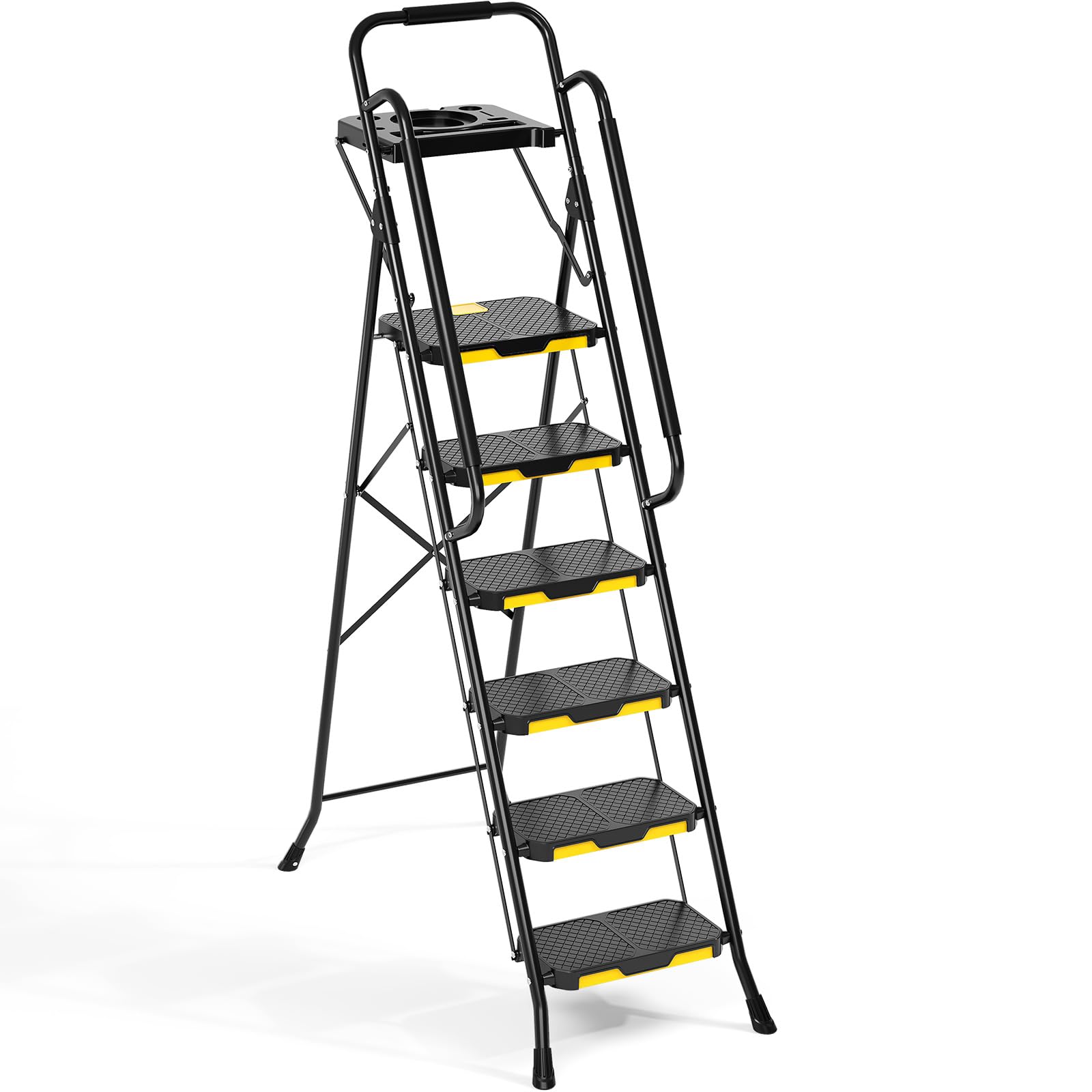 Photo 1 of KINGRACK Step Ladder, Sturdy Steel Step Stool with Anti-Slip Wide Pedals, Handrail, Safe-Lock Design, 800lbs Folding Portable Ladder for Multi-Purpose, Home, Kitchen (6-Step with Tool Platform)