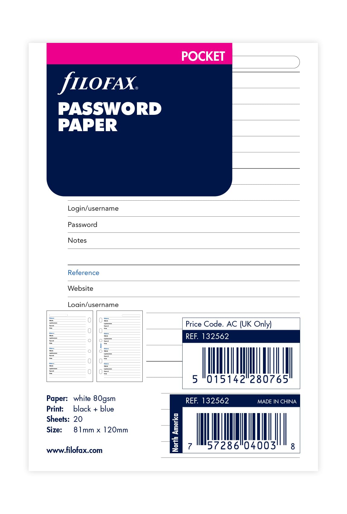 Filofax Pocket Password Paper Refill, White, 81 x 120 mm
