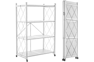 Lifetime Home 4-Tier Foldable Storage Shelf with Wheels - Metal Rack Collapsible Shelving Unit Display, Rolling Cart for Books Kitchen Storage Shelves, Pantry & Closet Organizer, Office Room Decor