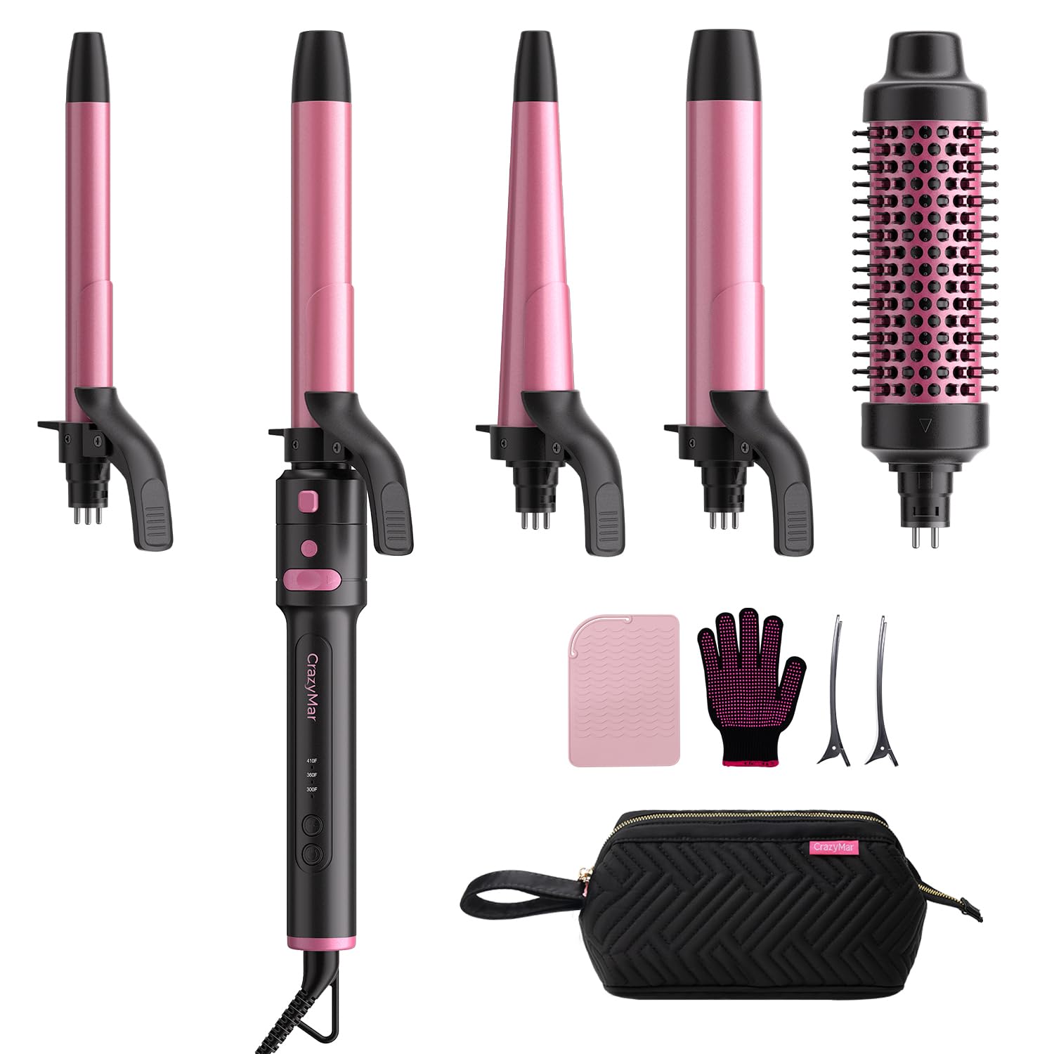 Photo 1 of 5 in 1 Automatic Rotating Curling Iron Set, CrazyMar Curling Wand Set - 5 Barrels (3/4,1,1/4 Inch) Dual Voltage Curling Wand for Professional Hair Styling, Travel, Ceramic Coating(Hot Pink)