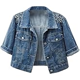 LifeShe Women's Pearls Denim Jacket 3/4 Sleeve Cropped Rhinestones Jean Jackets Trucker Coat