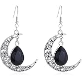 Gothic Moon Dangle Earring,Vintage Crystal Glass Crescent Drop Earrings Punk Style Dark Victorian Earrings Mystery Vampire Jewelry Halloween Outfit Accessories for Women