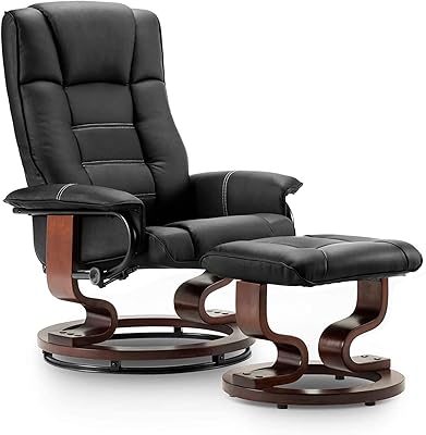 Mcombo Leather Swiveling Recliner Chair with Ottoman, Black