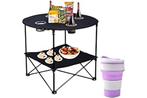 HavenCove Camping Table, 2-Tier Folding Portable Table with 4 Cup Holders, Camping Cip & Carry Bags for Camping, Collapsible Table Steel Frame, High-Grade 600D Canvas, for BBQ, Fishing, and Picnic