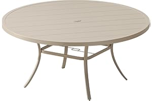 VOXBIN Patio Dining Table for 8-10, Round Metal Outdoor Table with 1.57" Umbrella Hole, 60" Outdoor Slat Tabletop Dining Table for Backyard, Porch, Lawn, Sand