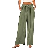 GRAPENT Wide Leg Pants Woman Linen High Waisted Pull On Flowy Casual Baggy Drawstring Palazzo Trousers Pants Resort Wear