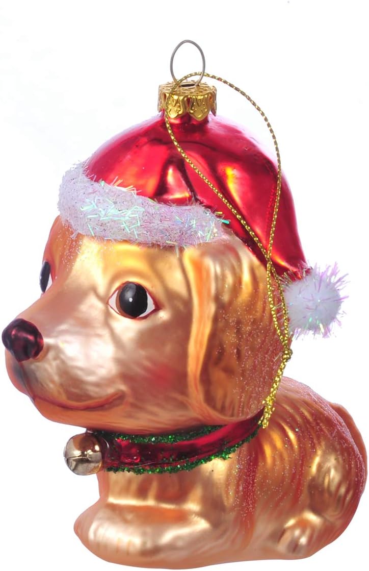 Miicol Golden Retriever Glass Blown Christmas Ornaments for Christmas Tree, Dog Decorations Wearing Santa Hat, Gold