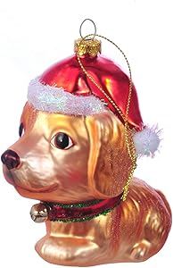Miicol Golden Retriever Glass Blown Christmas Ornaments for Christmas Tree, Dog Decorations Wearing Santa Hat, Gold
