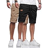 Poplee Men's 2 Pack Casual Twill Chino Shorts Slight Summer Beach Elasticity Cotton Shorts with Elastic Waist Drawstring