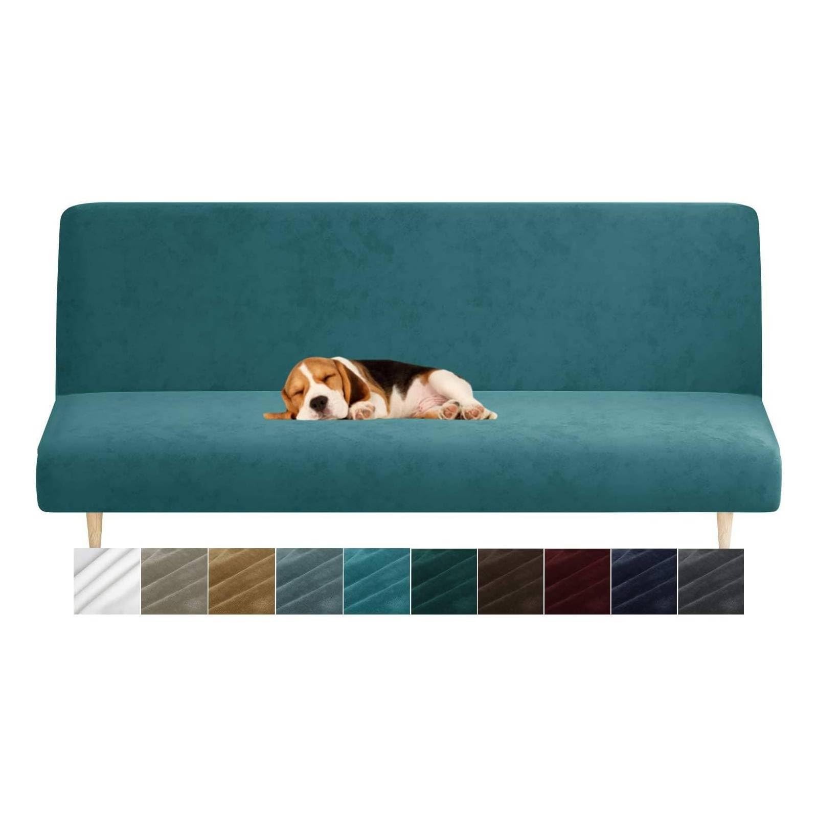 CHELZEN Velvet Futon Cover High Stretch Armless Couch Covers Spandex Fabric Sofa Bed Slipcover Anti Slip Furniture Protector (Futon, Peacock Blue) โ image 1