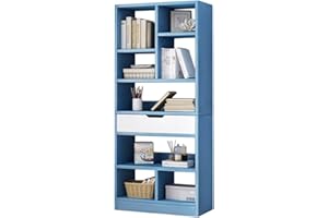 IOTXY Wooden Open Shelf Bookcase - 61" Height Freestanding Display Storage Cabinet Organizer with 8 Cubes and a Drawer, Floor Standing Bookshelf, Blue