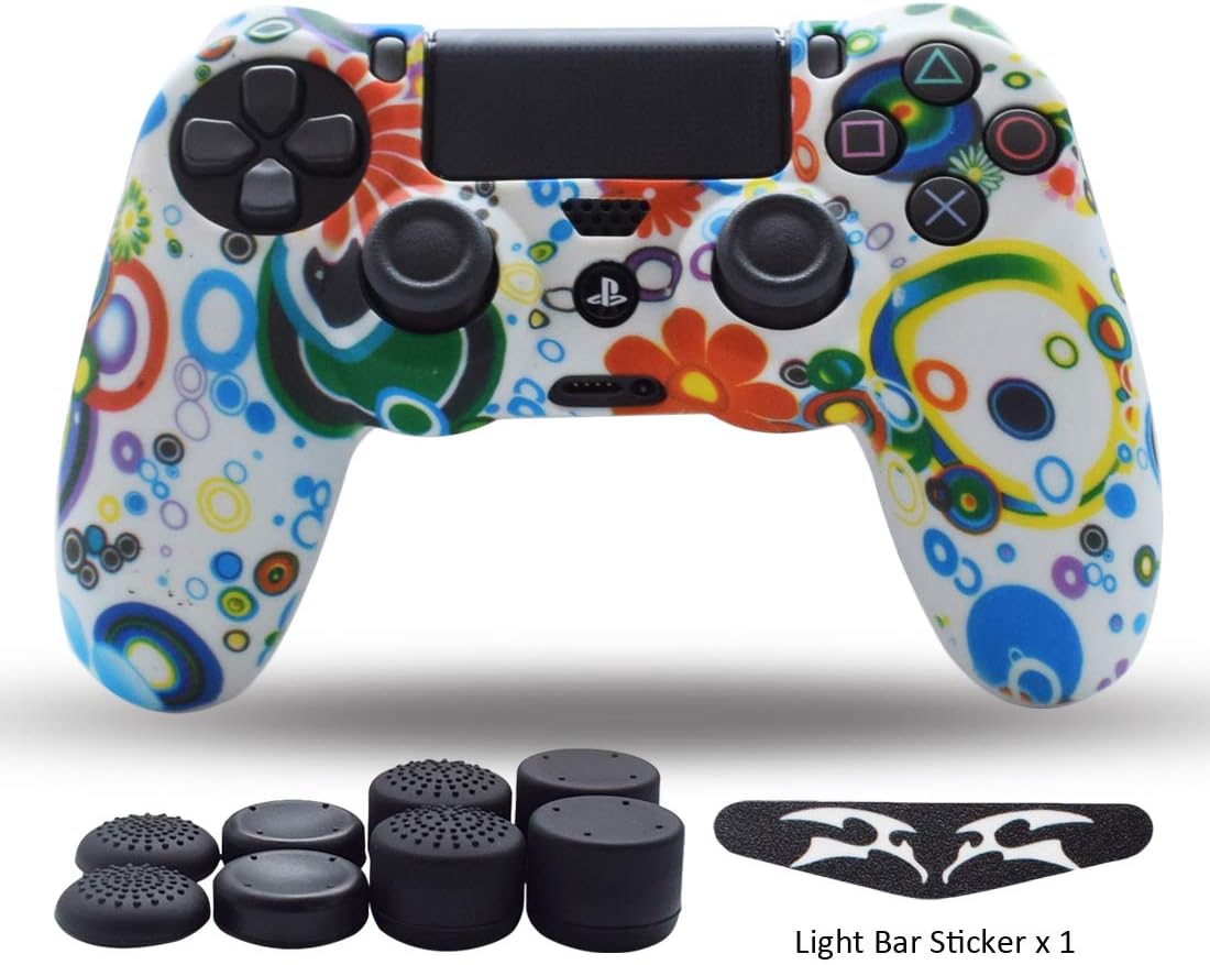 PS4 Controller Skin,Silicone Grips for Playstation 4 PS4/Slim/Pro Controller Anti Slip Cover Case Protector for Dual Shock 4 Controller - One Light Bar Sticker - 8pcs Pro Thumb Grips