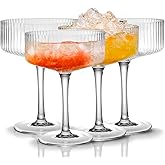 Qipecedm 4 Pcs Ribbed Coupe Glasses, 10 oz Vintage Coupe Glass Set, Unique Martini Glass, Classic Cocktail Galssware, Bar Drinking Glasses Set Pefect for Cocktail, Wine, Champagne & Gift