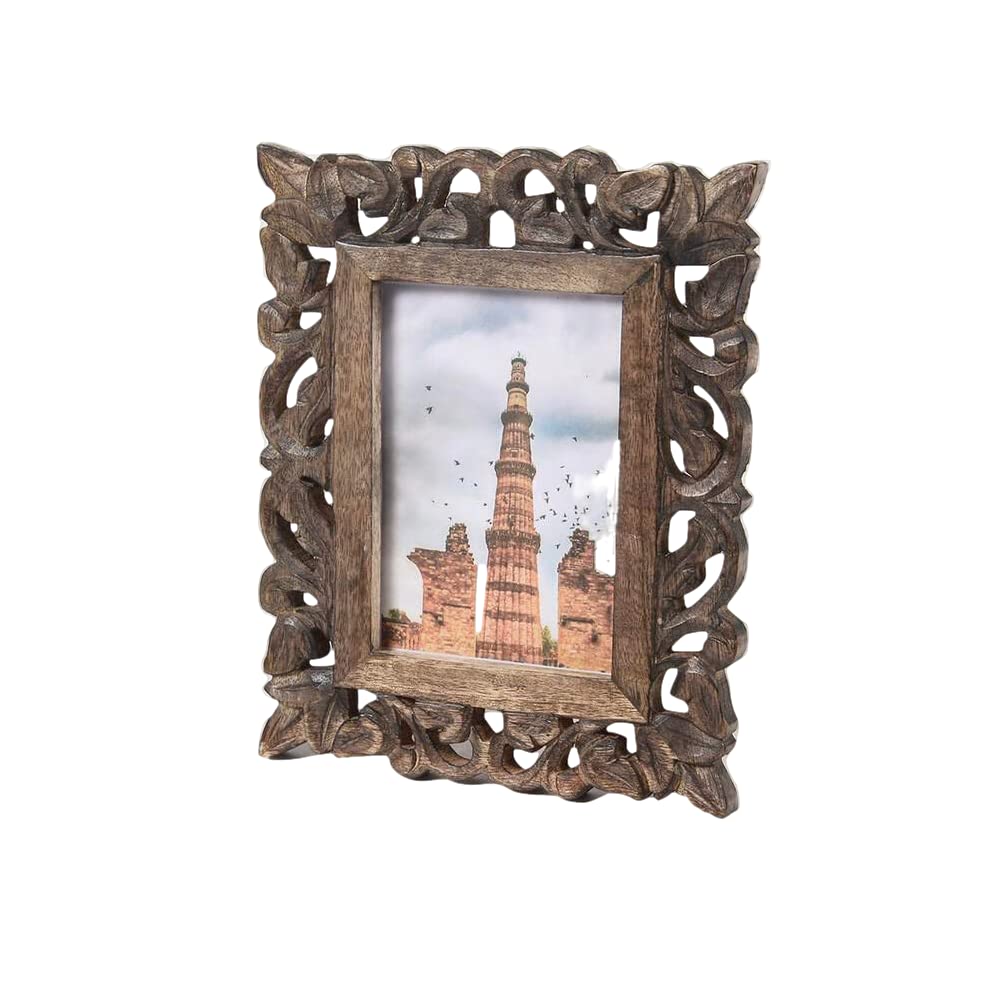 Photo 1 of indoStrides Hand Carved Mango Wood Rustic 4x6 Picture Frame with Real Glass - Aesthetic Vintage Wood Frame for Tabletop Use - Rustic Home Decor Perfect for Your Memories