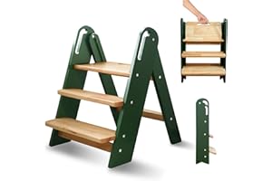 SUIHUOOO Step Stool for Toddler, 3-Step Kids Step Stool for Bathroom Sink, Foldable Toilet Potty Training Stool with Handles, Child Kitchen Counter Stool Helper Wooden Ladder for Toddlers (Green)