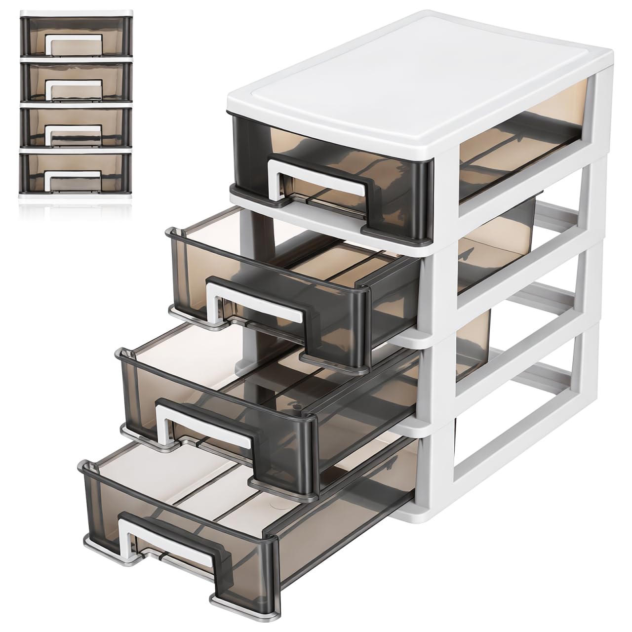 SEWACC Small Drawer Set 4 Drawer Desktop Storage Unit Clear Small Drawer Desktop Organizer Storage Bin Container Case with Drawers Makeup Stationary Holder for Home Office 3 Tier Storage Unit