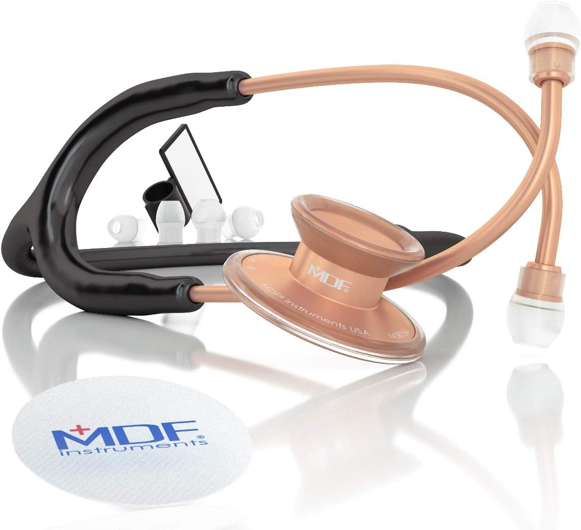 MDF Acoustica Deluxe Lightweight Dual Head Stethoscope - Free-Parts-for-Life & - Rose Gold (Matte Finish) / Black (MDF747XP-RG11)