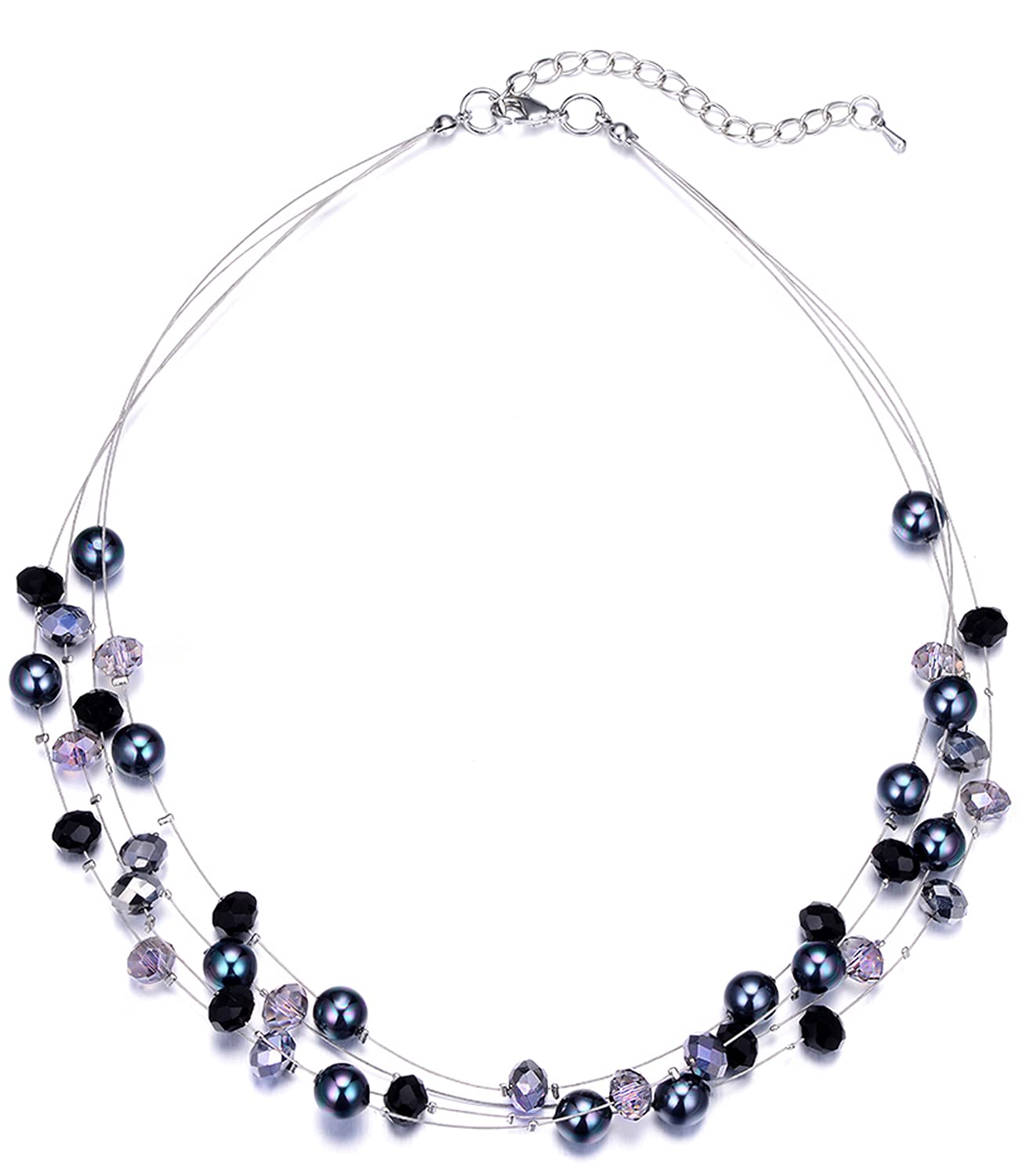 BULINLIN Crystal Layered Statement Necklace for Women, Shell Choker Necklace with Chunky Silver Metal Fashion Jewelry Gifts for Her (Black)