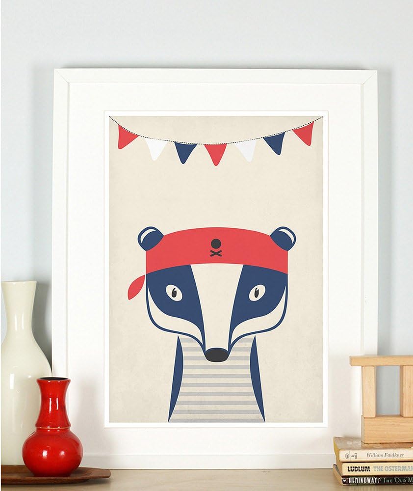 Nursery decor, pirate, sailor badger, cute baby animals for kids, children's room picture, retro art print, vintage poster, A4 or 8x10”