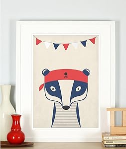 Nursery decor, pirate, sailor badger, cute baby animals for kids, children's room picture, retro art print, vintage poster, A4 or 8x10”