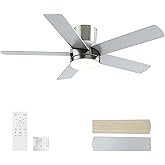 EasyNice 42 Inch Brushed Nickel Ceiling Fan with Light, Flush Mount and Remote Control, Dimmable 3-Color Temperature LED, 6-Speed Reversible DC Motor, 5-Blade Modern Design for Indoor or Outdoor