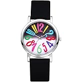 JewelryWe Women's Big Face Watch - Colorful Big Arabic Numbers Dial Easy to Read Quartz Watches Adjustable Silicone Wristwatch, Black Strap for Valentine's Day