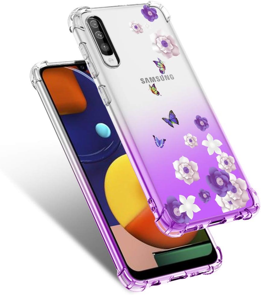 Starhemei for Galaxy A50 Case, Shock-Resistant Flexible TPU Gasbag Protection Rubber Soft Silicone Anti Dropping Phone Case Cover for Samsung Galaxy A50 (Purple&Flower)