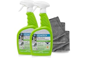 StoneTech Revitalizer Cleaner and Protector | Natural Stone Cleaner | Marble, Quartz, Granite Countertop Cleaner | 3-in-1 Cleans and Reseals | 2-Pack 24 oz Spray + Microfibers, Citrus Scent
