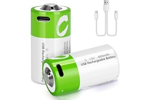 volkate C Batteries 2 Pack, Rechargeable C Cell Batteries with USB-C Charging Cable, LR14 1.5V Lithium Ion Batteries C Size 5000mWh for Flashlights, Remote Controls, Radios, Clocks, Toys