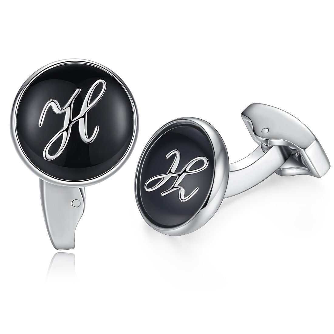 HONEY BEAR Initial Alphabet Letter Cufflinks for Men, Black Round Shape Wedding Business Gift A - Z (H)