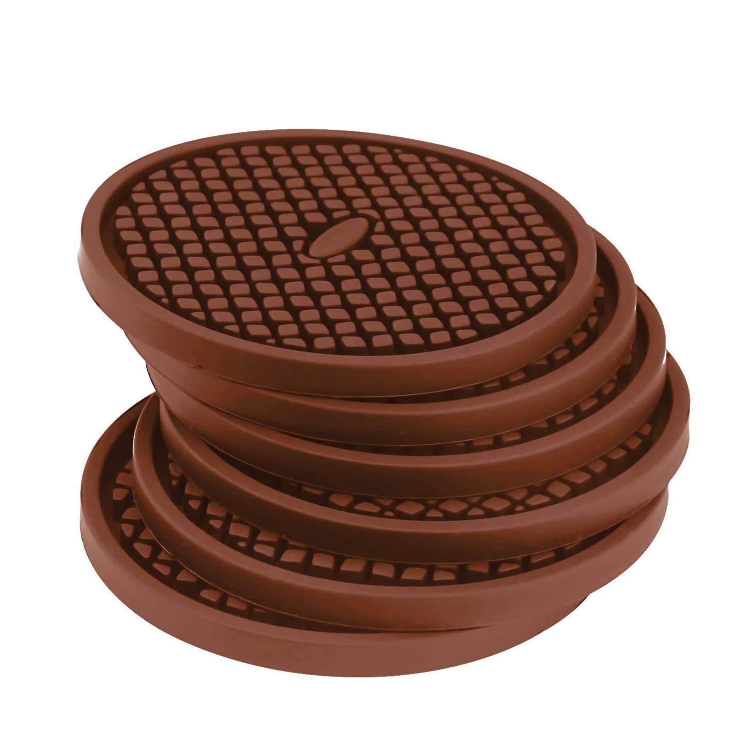 JYKJ Silicone Drink Coasters Set of 6 in Holder - Protect Furniture from Water Marks & Damage, Coaster with Deep Grooved and Non-Slip Bottom for Coffee Beer Mug Wine Glass (Brown)