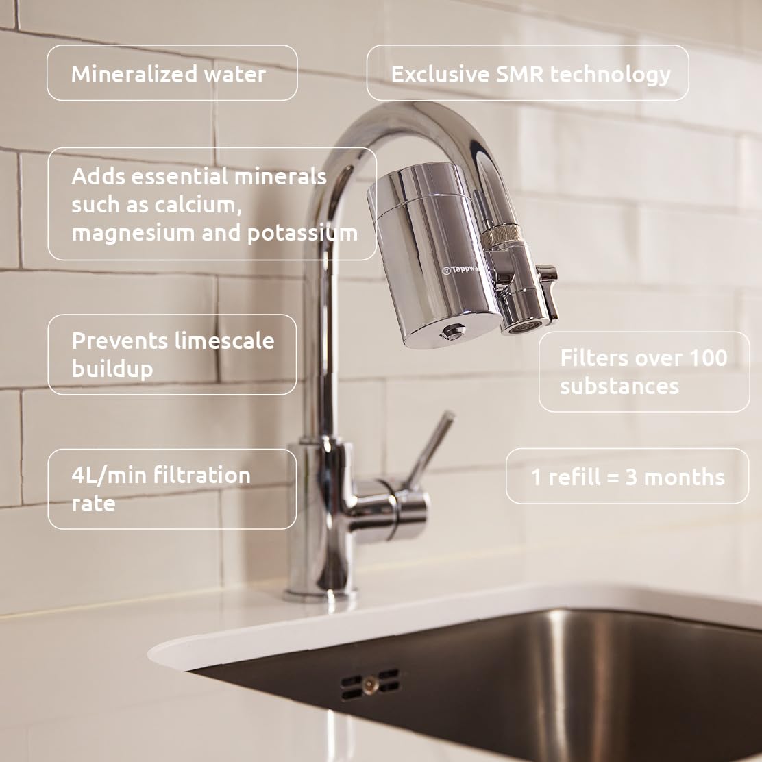 Tappwater EcoPro SMR-Wasserfilter Wasserhahn mit 6 Stufen und Swedish Mineral Rock. Filtert +100 Stoffe und fügt Mineralien für reines, gesundes Wasser hinzu. Wasserreiniger mit exklusiver Technologie 3