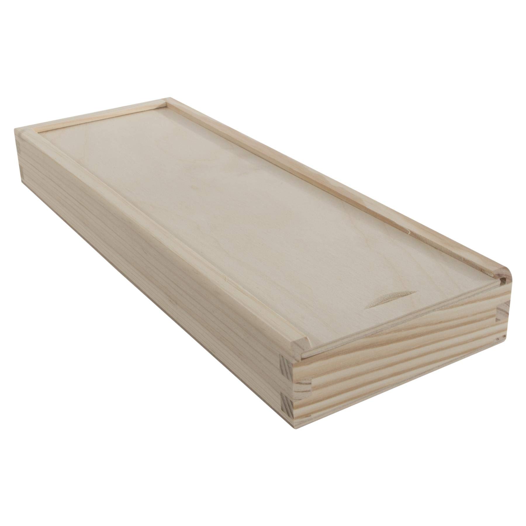 WooDeeDoo Slim Wooden Storage Box for Crayons Pencils Paintbrushes or DIY Crafts – Sliding Lid Unfinished Pine Craft Box – 30.5 x 10.5 x 3.5 cm – Plain Pine to Decorate or Personalise