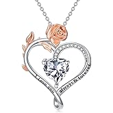 DONGHU Rose Heart Birthstone Necklace Sterling Silver Heart Birthstone Necklace for Women Birthstone Heart Pendant Valentine's Day Mother’s Day Gift for Mom Wife