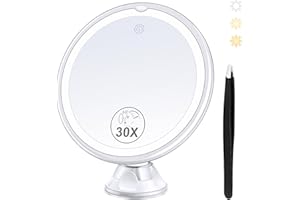 B BEAUTY PLANET Magnifying Mirror with Light 30X, Lighted Makeup Mirror 30X for Precision Makeup, 3 Color Modes and Adjustable Brightness, 360° Swivel Magnifying Mirrors Suction Cup for Bathroom 8 Inches