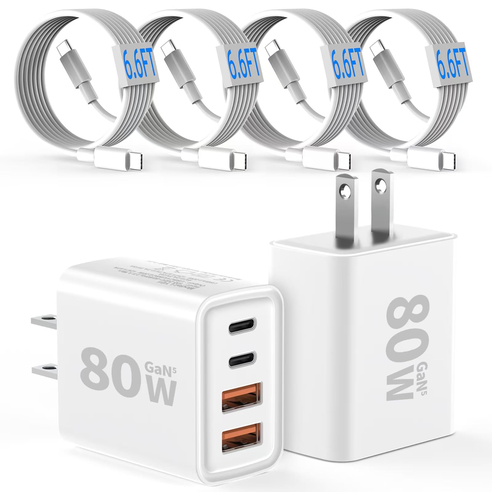 Photo 1 of [2-Pack] USB C Wall Charger,80W 4-Port Type C Fast Charging Block,USBC Multiport Wall Plug PD20W&QC20W GaN Charging Cube with 6.6FT USB C Cable for iPhone 17/16/15/14Pro Max/XS/XR, Samsung(White)