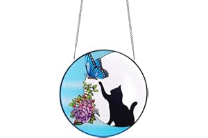 Homelavie Black Cat Window Hanging, Cat Suncatcher Hanging Decor, Black Cat Catching Butterfly On White Moon Halloween Decorations, Indoor Window Sun Catcher Panels for Cat Lovers Memorial Gift