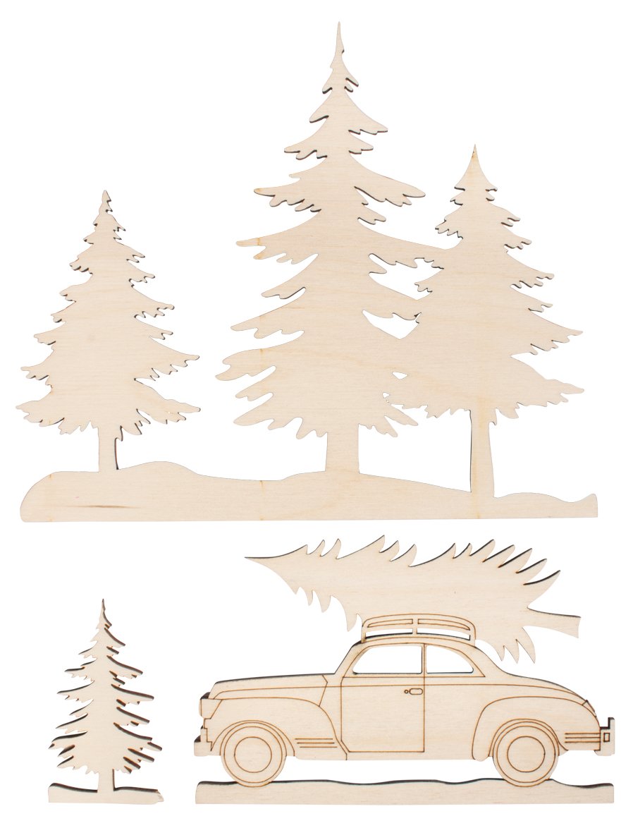Rayher 46321000 Fir Tree and Car Wooden Shapes, Natural wood cutouts for Woodworks, Papercrafts and Decoration, 3 Piece Set
