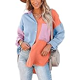 CHARTOU Women's Oversized Color Block Button Down Shirt Drop Long Sleeve Shirt Blouse