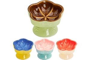 S&Q's CERAMICS Raised Cat Bowl, Elevated Cat Bowl for Food and Water, Ceramic Titled Dish, Anti Vomit & Whisker Friendly, Microwave and Dishwasher Safe (Brown, 5.8")