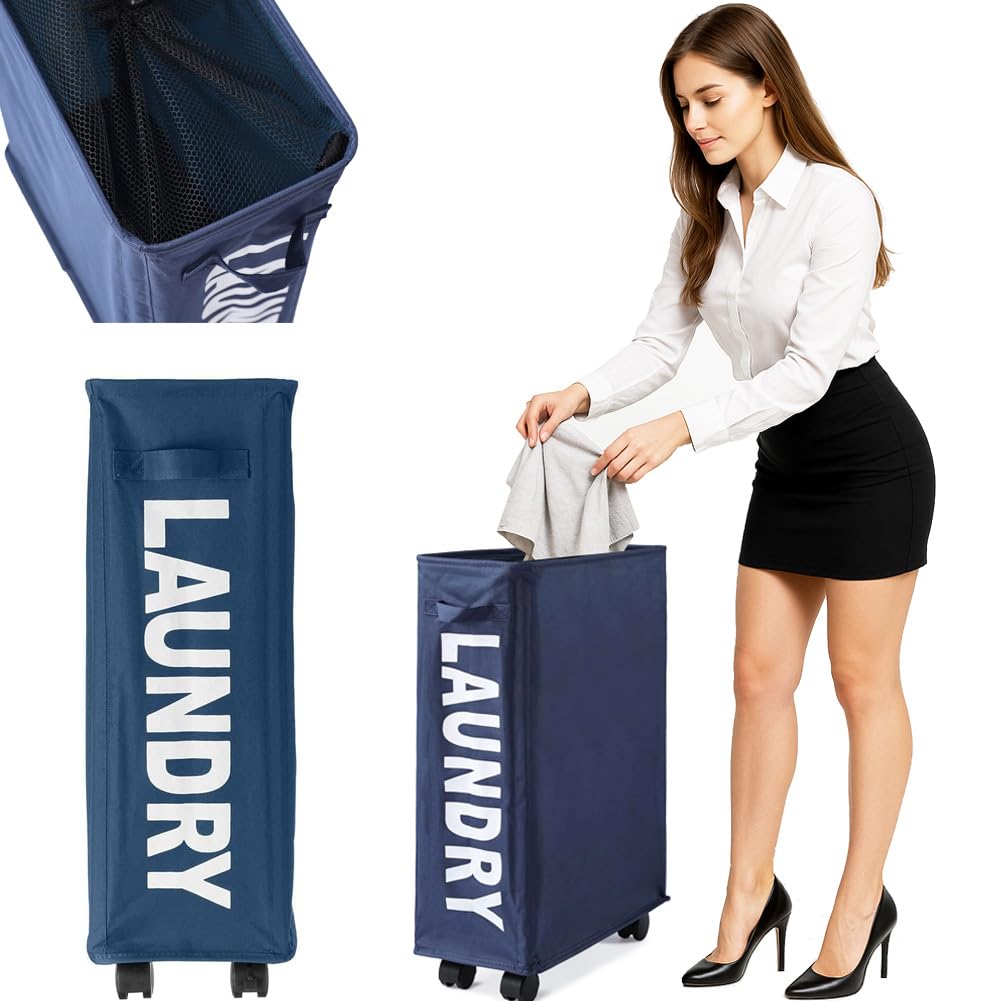 BAKAJI Dirty Laundry Basket Slim Space Saving Foldable Fabric Decoration Mesh Handle Handle 4 Wheels 39 x 20 x 56 cm (Blue)
