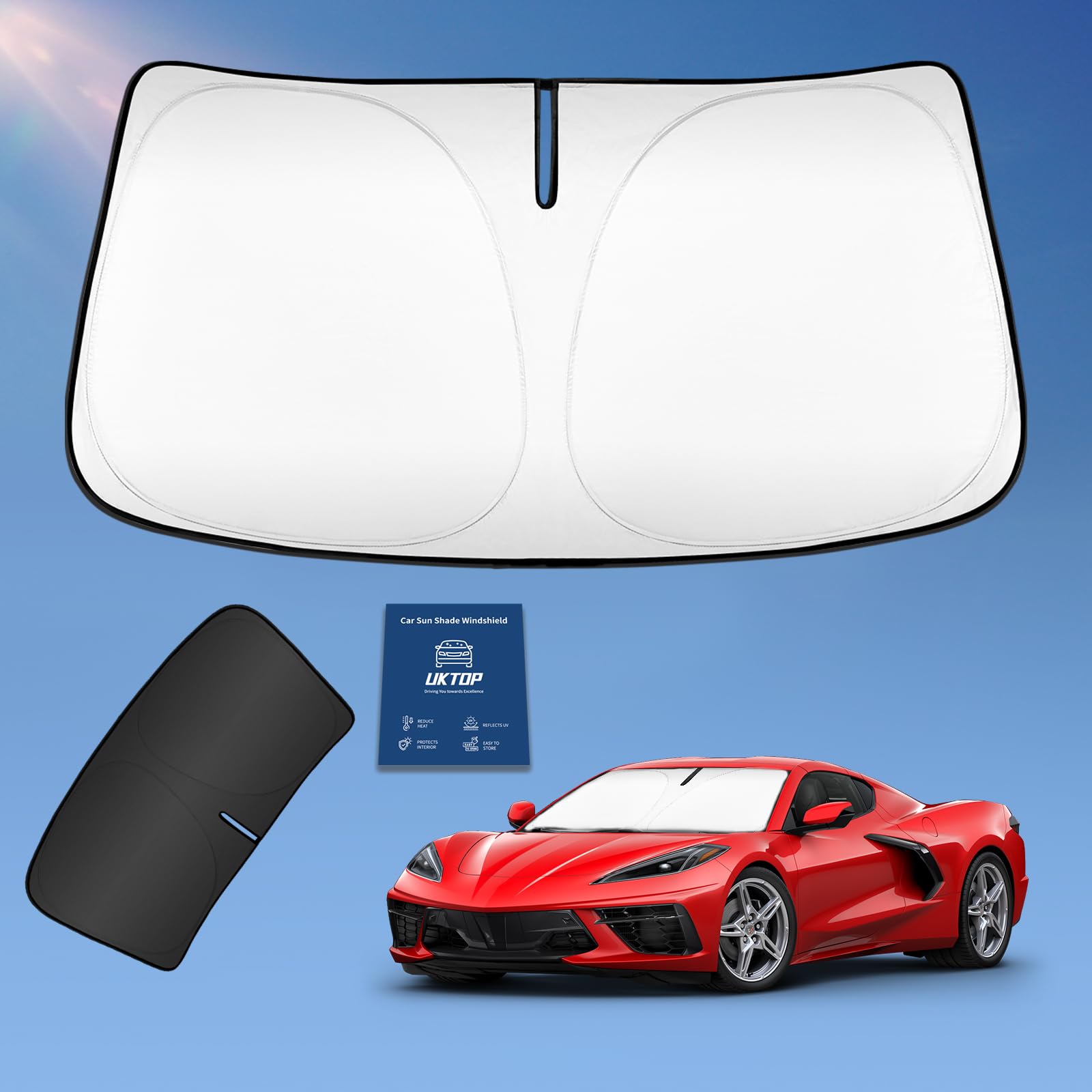 Photo 1 of Sun Shade Sunshade for Chevrolet Chevy Corvette C8 2020-2025 2026 Windshield Cover, 4-Layers Sun Shield 240T Silver Sun Visor Foldable Window Shade Blocks UV Rays Car Accessories