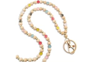 MyfavoriteK Smile Teacher Lanyard for Women ID Badges and Keychain Cute Happy Wood and Metal Beaded Lanyard Badge Holder