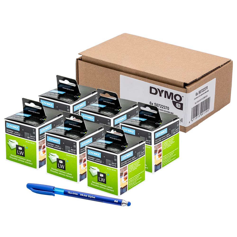 Dymo S0722370 (Pack of 6), Original Dymo LabelWriter Address Labels (Self-Adhesive) 99010, 28 x 89 mm - Black Print on White,2 Rolls of 130 + PaperMate Pen