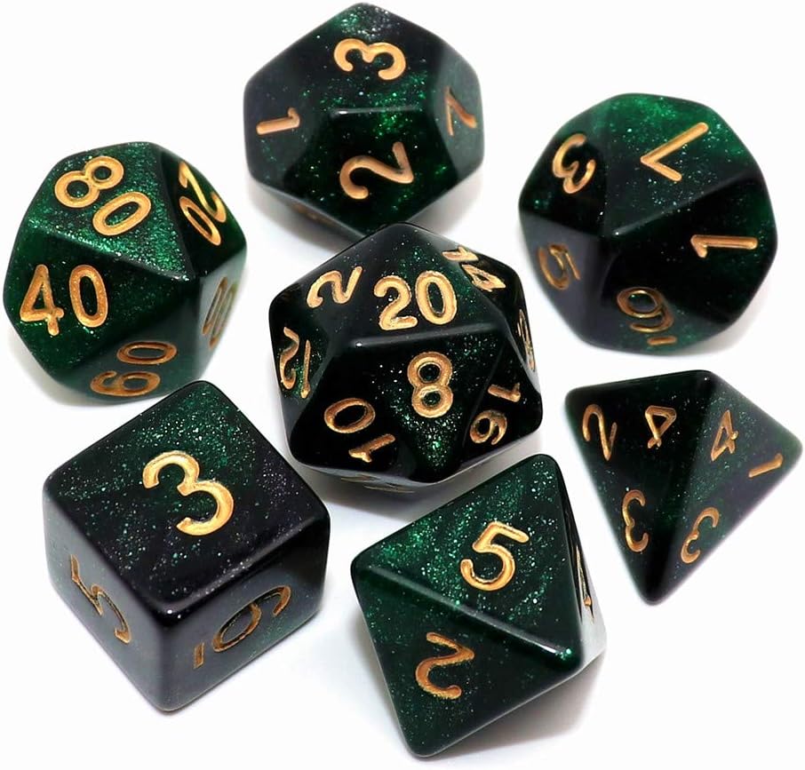 CREEBUY Polyhedral DND Dice Set Glitter Green Black Nebula RPG Dice