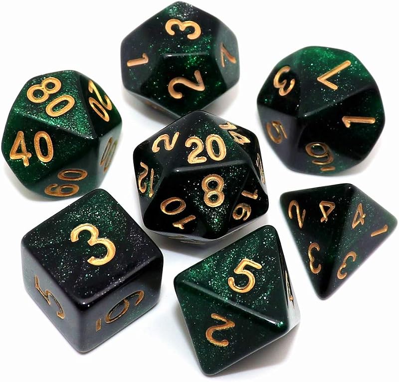 CREEBUY Polyhedral DND Dice Set Glitter Green Black Nebula RPG Dice